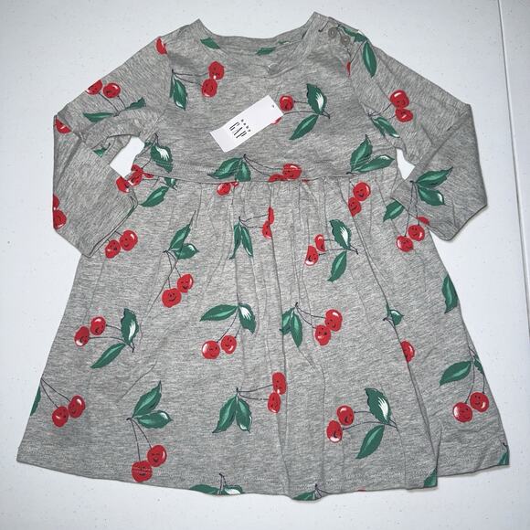 GAP Other - Baby Gap Girl’s Toddler Dress Long Sleeve Cherry Print Gray Size 2 Years NWT